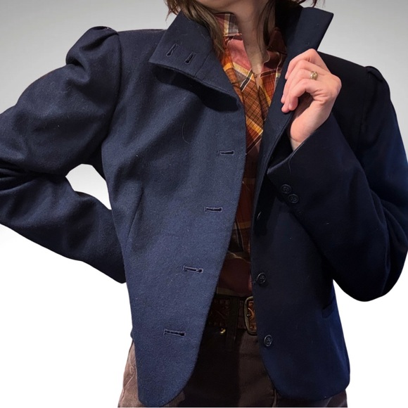 Vintage Jackets & Blazers - Vintage Navy Wool Austrian Equestrian Style Puff Sleeve Tailored Blazer 11